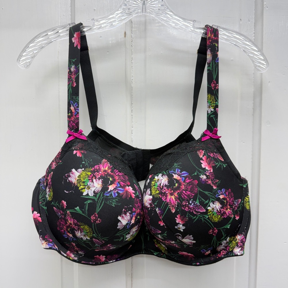 Cacique Boost Balconette Bra 44DD Black Floral Lace Underwire Molded Cup